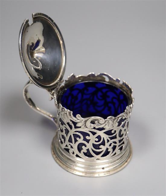 A Victorian pierced silver drum mustard, John & George Angell, London, 1846, with blue glass liner, 7cm.